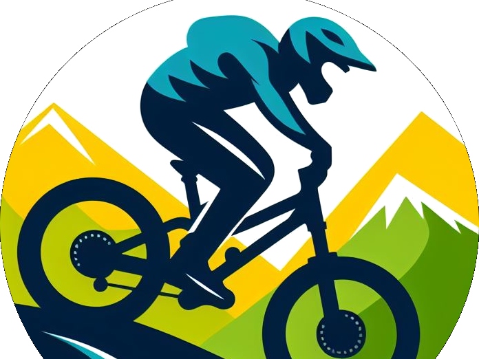Piktogramm eines Mountainbikers vor Berglandschaft