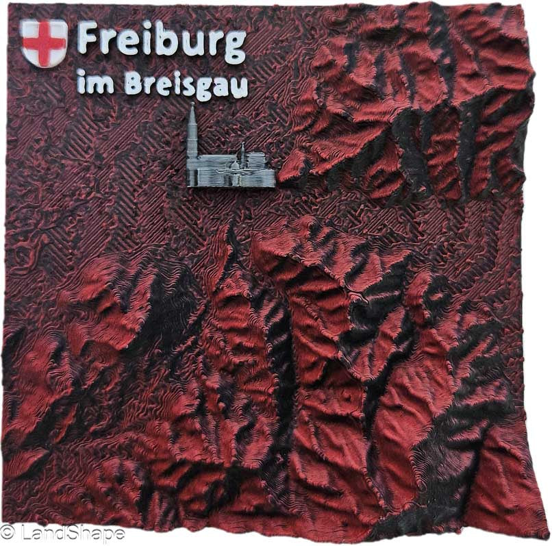 LandShape Freiburg Dekomagnet Dark Red – 3D-Schwarzwaldberge Dreisamtal Münster Draufsicht | LandShape