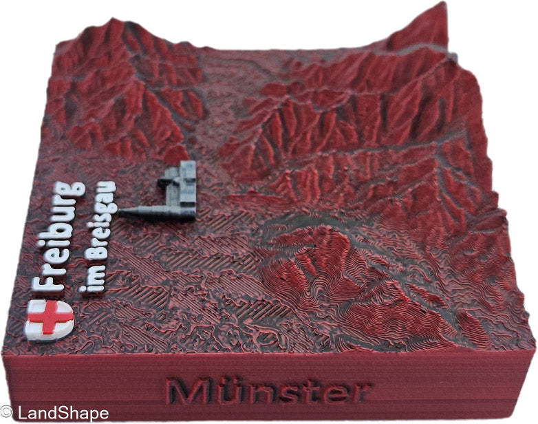 LandShape Freiburg Dekomagnet Dark Red – Linke Seitenansicht 3D-Schwarzwald Dreisamtal Konturen | LandShape