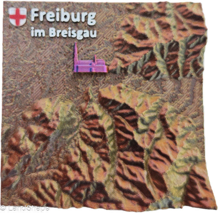 LandShape Freiburg Dekomagnet Copper Metallic – 3D-Schwarzwaldberge Dreisamtal Münster Draufsicht | LandShape