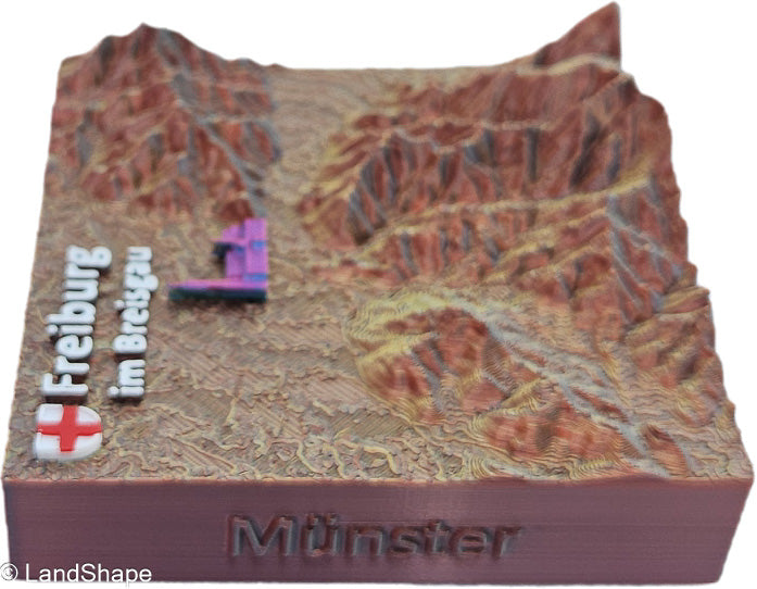 LandShape Freiburg Dekomagnet Copper Metallic – Linke Seitenansicht 3D-Schwarzwald Dreisamtal Konturen | LandShape