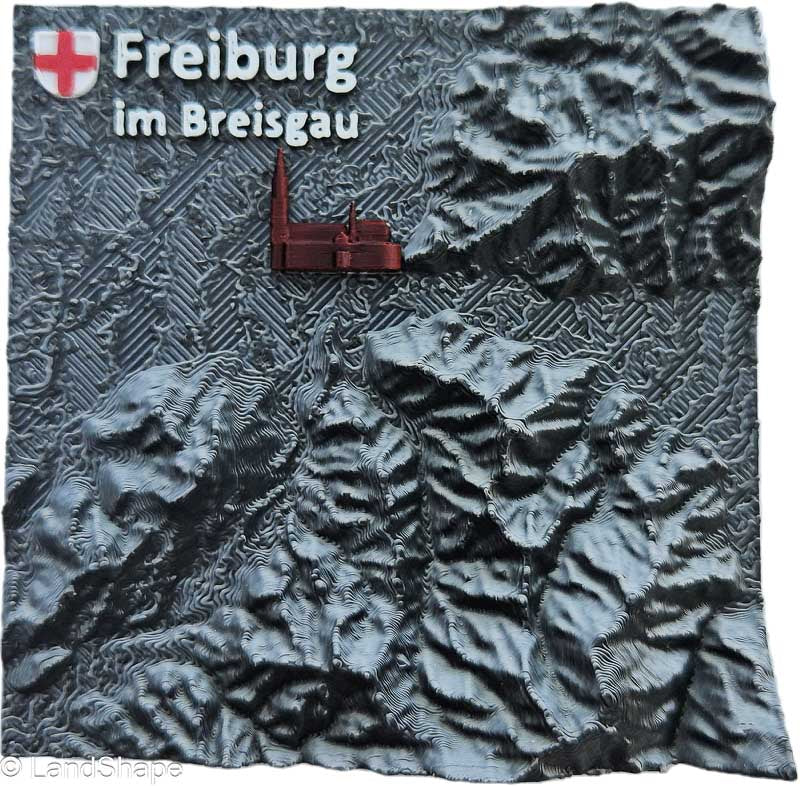 LandShape Freiburg Dekomagnet Granite Grey – 3D-Schwarzwaldberge Dreisamtal Münster Draufsicht | LandShape
