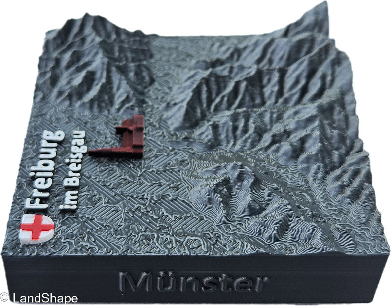 LandShape Freiburg Dekomagnet Granite Grey – Linke Seitenansicht 3D-Schwarzwald Dreisamtal Konturen | LandShape