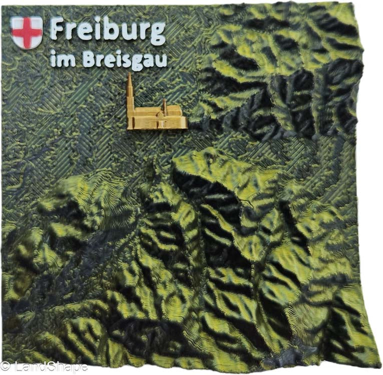 LandShape Freiburg Dekomagnet Moss Metallic – 3D-Schwarzwaldberge Dreisamtal Münster Draufsicht | LandShape