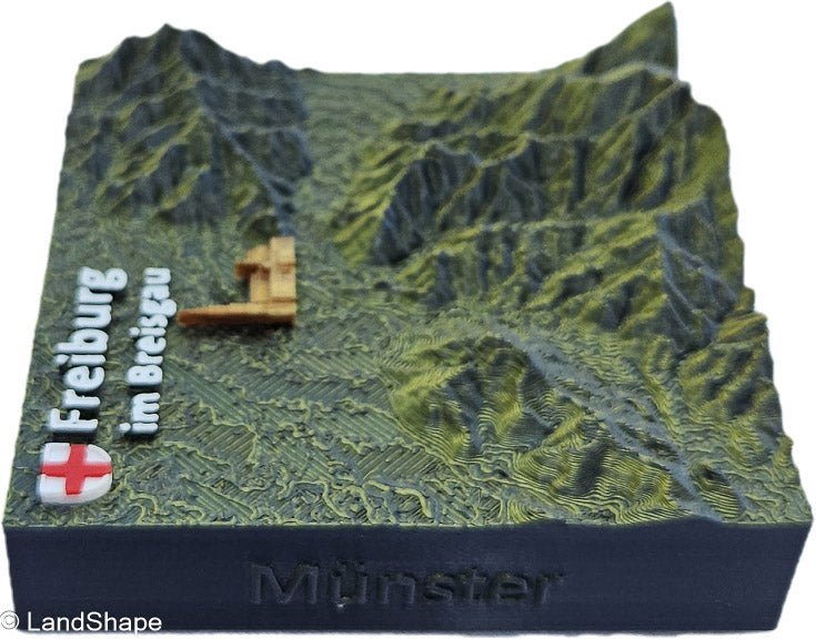 LandShape Freiburg Dekomagnet Moss Metallic – Linke Seitenansicht 3D-Schwarzwald Dreisamtal Konturen | LandShape