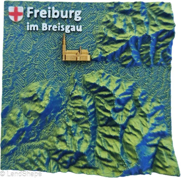 LandShape Freiburg Dekomagnet Velvet Green – 3D-Schwarzwaldberge Dreisamtal Münster Draufsicht | LandShape