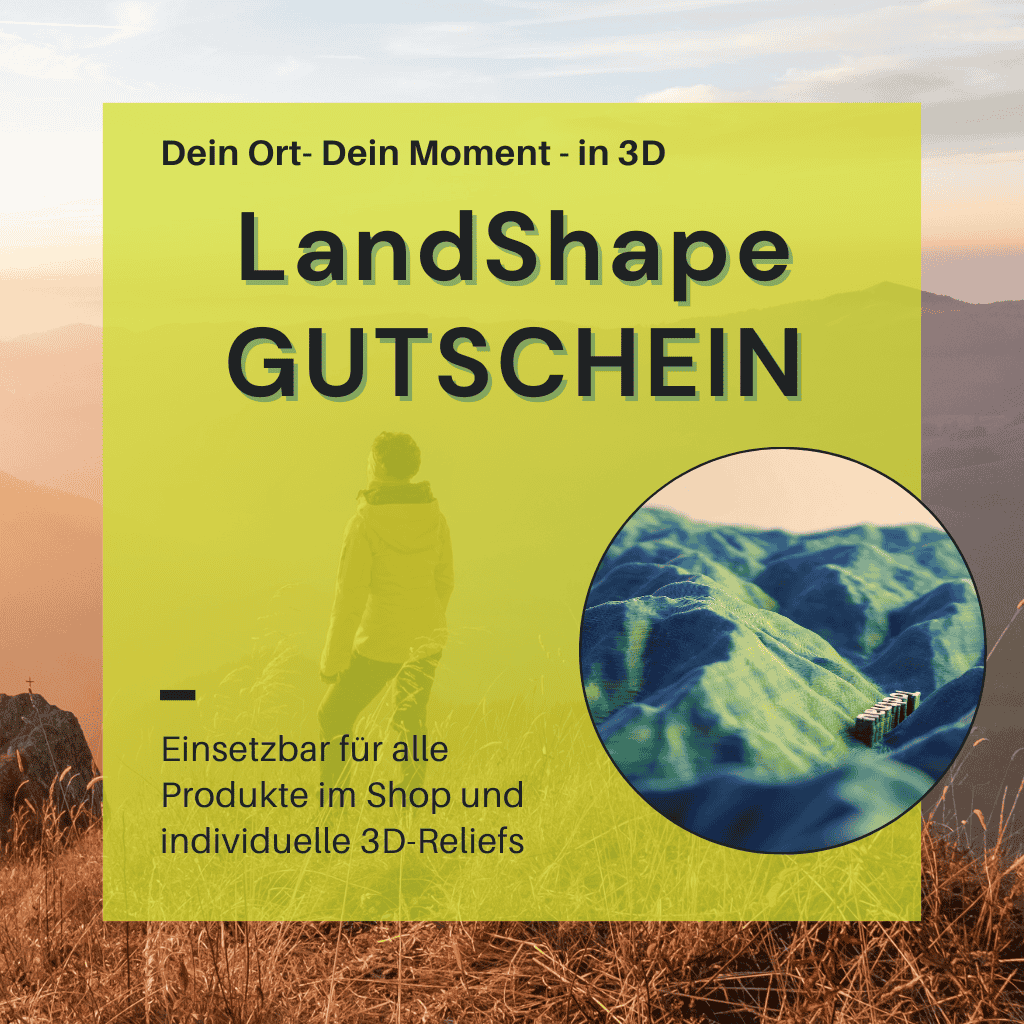 Werbegrafik für einen LandShape-Geschenkgutschein auf gelbgrünem Hintergrund mit Bergpanorama. Im Vordergrund ein Kreisbild eines 3D-topografischen Reliefmodells. Text: „Dein Ort – Dein Moment – in 3D. Einsetzbar für alle Produkte im Shop und individuelle 3D-Reliefs.