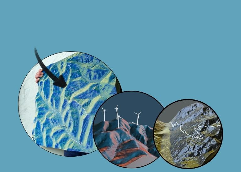 LandShape individuelle 3D-Reliefs nach Maß: Wandmodell einer Topografie, Relief mit Windrädern und Bergpfad | LandShape